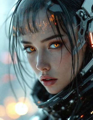 The primary subject of the image is a woman with long hair and a futuristic outfit. She is wearing a black and white outfit, which includes a helmet and a visor. The setting is a futuristic cityscape, with a backdrop of a city skyline. The visual style is a combination of photo and digital art, creating a unique and intriguing image. The colors and mood of the image are dark and mysterious, with the woman's eyes glowing a bright yellow.